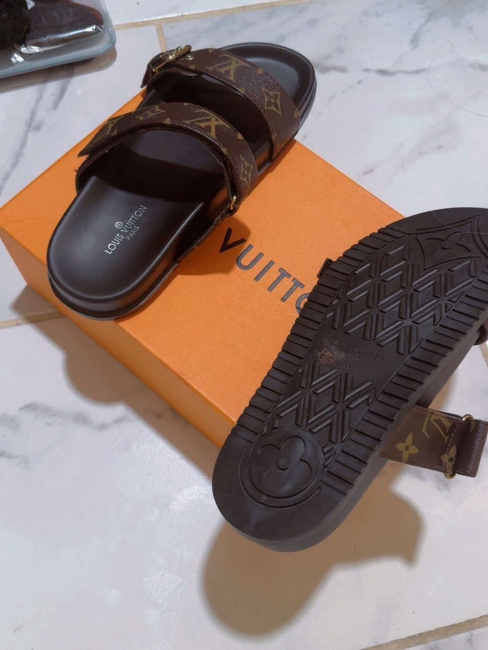Louis Vuitton Monogram Double-Strap Slide Sandals - Brown/Gold - Picture 3 of 3